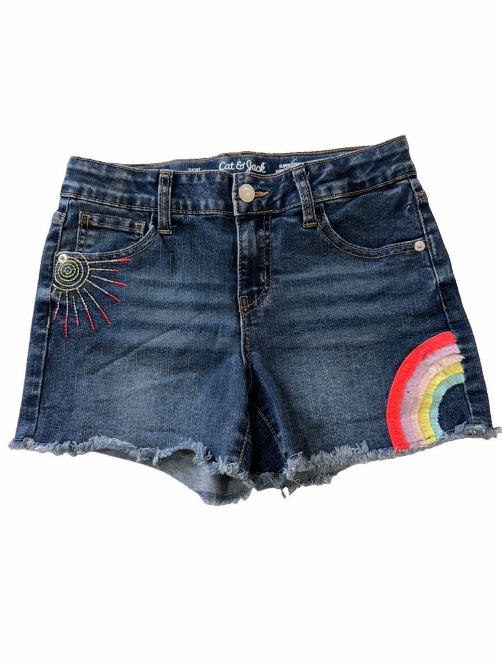 Cat & Jack Girls Kids Size 10/12 Denim Blue Jean Shorts Adjustable Waist Rainbow
